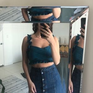 Blue tie ruffle crop top